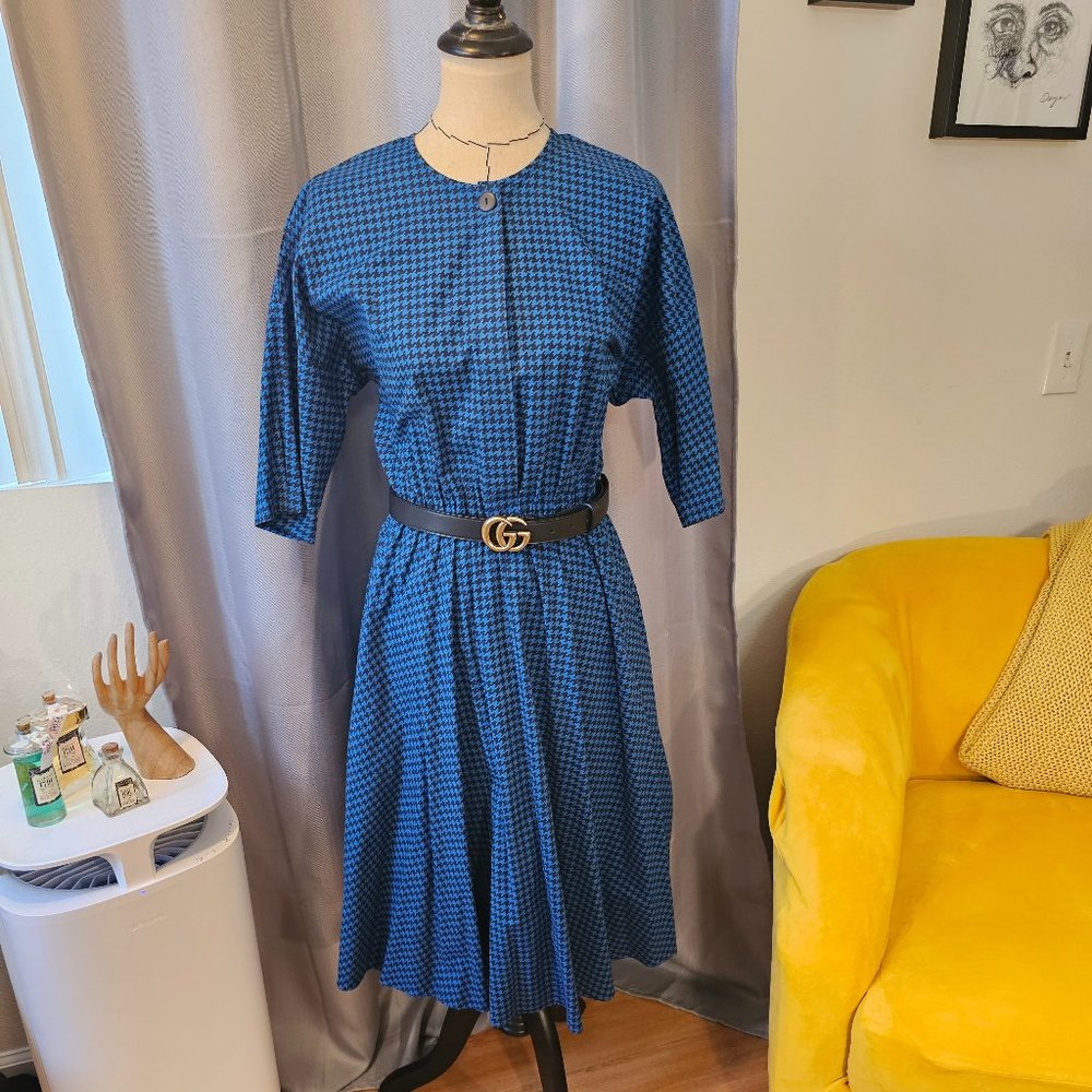 VINTAGE Blue and Black Houndstooth Print The American Shirt Dress - with POCKETS